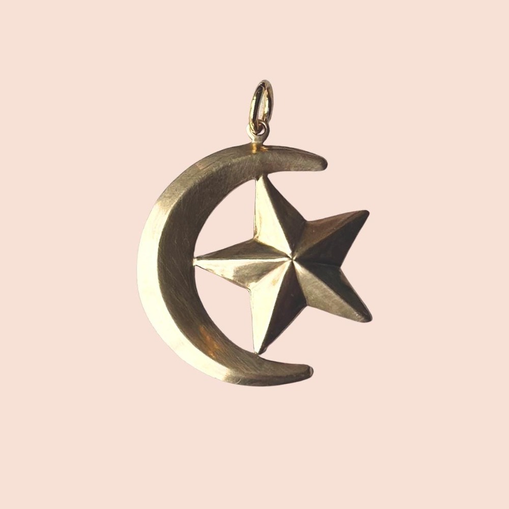 Crescent Moon and Star Pendant Vintage Raw Brass Charm Celestial Whimsigoth